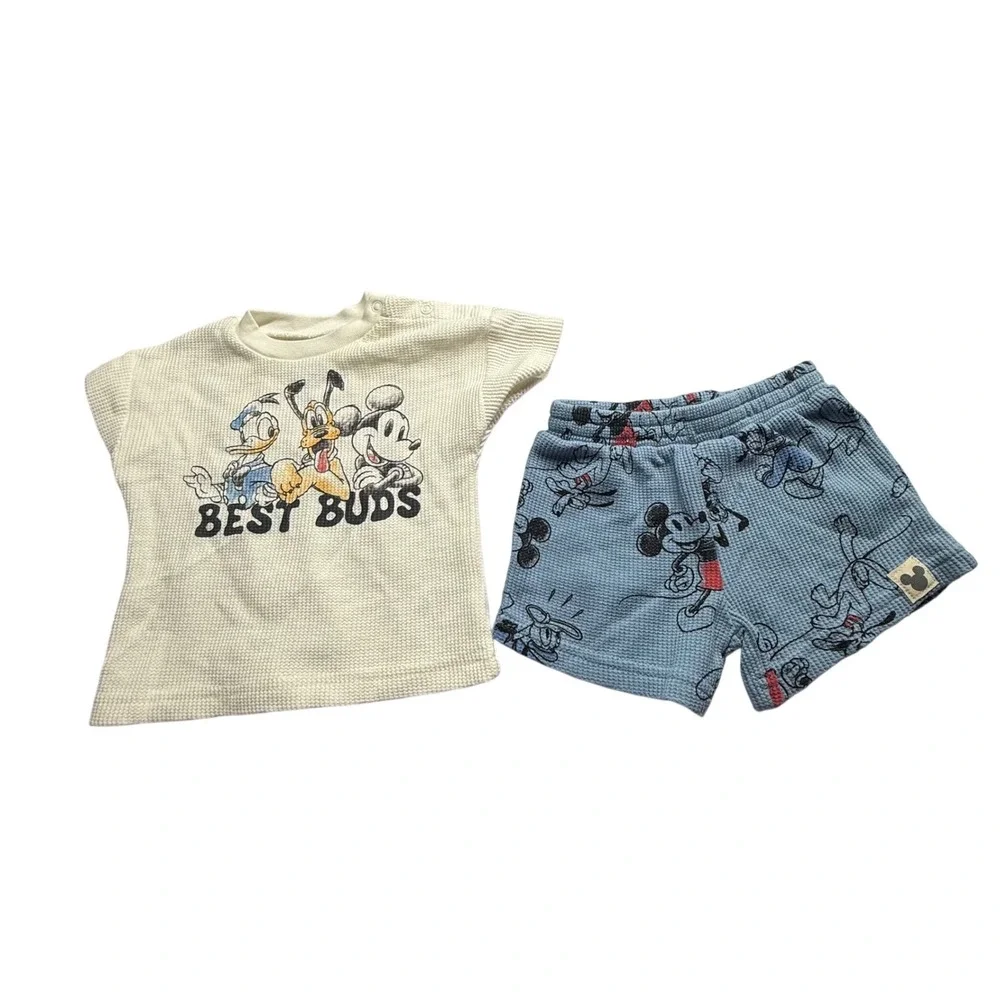 Disney Mickey and Friends Baby Waffle Knit Set 3-6M Best Buds Blue Cream 2pc